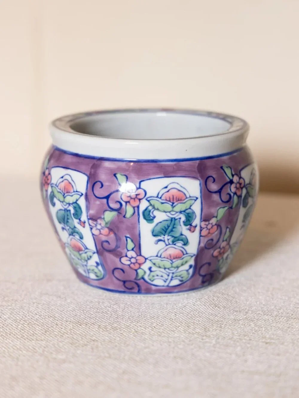 Small Purple Ceramic Flower Pot Planter w Floral Details Cachepot Grandmillenial